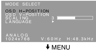 MODE SELECT OSD H-POSITION OSD V-POSITION SCALING 3 LANGUAGE ANALOG 1024x768 V:60Hz H:48.3kHz ↓ MENU