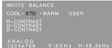 WHITE BALANCE COOL·STD·WARM USER R-CONTRAST G-CONTRAST B-CONTRAST ANALOG 1024x768 V:60Hz H:48.3kHz