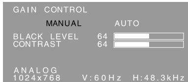GAIN CONTROL MANUAL AUTO BLACK LEVEL 64 CONTRAST 64 ANALOG 1024x768 V:60 Hz H:48.3kHz