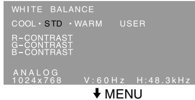 WHITE BALANCE COOL • STD • WARM USER R-CONTRAST G-CONTRAST B-CONTRAST ANALOG 1024x768 V:60 Hz H:48.3kHz ↓ MENU