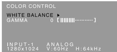 COLOR CONTROL WHITE BALANCE ▶ GAMMA 0 [||||||||......] INPUT-1 ANALOG 1280x1024 V:60Hz H:64kHz