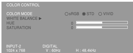 COLOR CONTROL COLOR MODE WHITE BALANCE ▶ HUE 0 SATURATION 0 INPUT-2 1024 x 768 DIGITAL V : 60Hz H : 48.4kHz