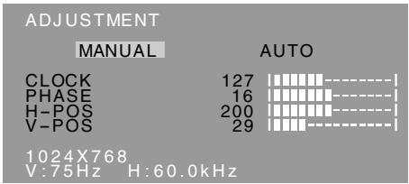 ADJUSTMENT MANUAL AUTO CLOCK 127 PHASE 16 H-POS 200 V-POS 29 1024X768 V:75Hz H:60.0kHz