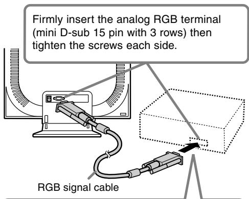 Firmly insert the analog RGB terminal (mini D-sub 15 pin with 3 rows) then tighten the screws each side. RGB signal cable