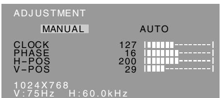 ADJUSTMENT MANUAL AUTO CLOCK 127 PHASE 16 H-POS 200 V-POS 29 1024X768 V:75Hz H:60.0kHz