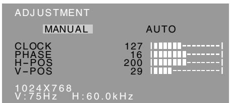 ADJUSTMENT MANUAL AUTO CLOCK 127 PHASE 16 H-POS 200 V-POS 29 1024X768 V:75Hz H:60.0kHz