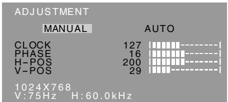 ADJUSTMENT MANUAL AUTO CLOCK 127 PHASE 16 H-POS 200 V-POS 29 1024X768 V:75Hz H:60.0kHz