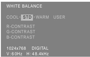 WHITE BALANCE COOL·STD·WARM USER R-CONTRAST G-CONTRAST B-CONTRAST 1024x768 DIGITAL V: 60Hz H: 48.4kHz