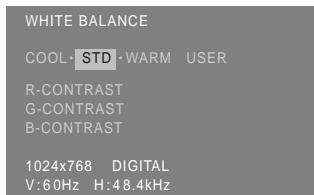 WHITE BALANCE COOL·STD·WARM USER R-CONTRAST G-CONTRAST B-CONTRAST 1024x768 DIGITAL V:60Hz H:48.4kHz