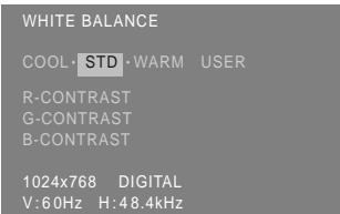 WHITE BALANCE COOL·STD·WARM USER R-CONTRAST G-CONTRAST B-CONTRAST 1024x768 DIGITAL V: 60Hz H: 48.4kHz