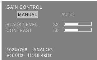 GAIN CONTROL MANUAL AUTO BLACK LEVEL 32 CONTRAST 50 1024x768 ANALOG V:60Hz H:48.4kHz