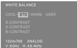 WHITE BALANCE COOL·STD·WARM USER R-CONTRAST G-CONTRAST B-CONTRAST 1024x768 ANALOG V:60Hz H:48.4kHz