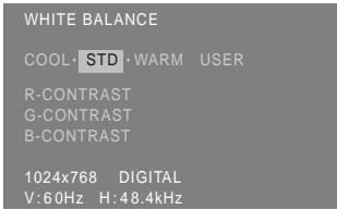 WHITE BALANCE COOL·STD·WARM USER R-CONTRAST G-CONTRAST B-CONTRAST 1024x768 DIGITAL V: 60Hz H: 48.4kHz
