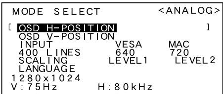 MODE SELECT [ OSD H-POSITION ] OSD V-POSITION INPUT VESA MAC 400 LINES 640 720 SCALING LEVEL1 LEVEL2 LANGUAGE 1280x1024 V:75Hz H:80kHz