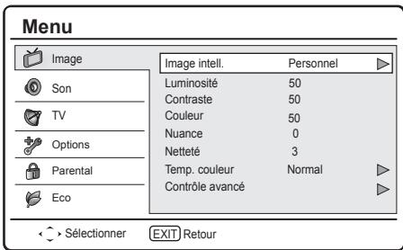 Menu Image Son TV Options Parental Eco Image intell. Personnel Luminosité 50 Contraste 50 Couleur 50 Nuance 0 Netteté 3 Temp. couleur Normal Contrôle avancé → Sélectionner EXIT Retour
