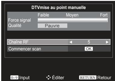 DTVmise au point manuelle Force signal Faible Moyen Fort Qualité Pauvre Chaîne RF 5 Commencer scan OK 0-9 Input Éditer RETURN Retour