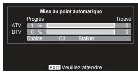 Mise au point automatique Progrès Trouvé ATV 1 % 0 % DTV 0 % Chaine: C3 Station: EXIT Veuillez attendre