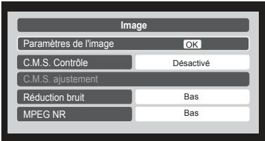 Image Paramètres de l'image OK C.M.S. Contrôle Déasactivé C.M.S. ajustement Réduction bruit Bas MPEG NR Bas