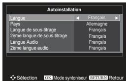 Autoinstallation Langue Pays Langue de sous-litrage 2ème langue de sous-litrage Langue Audio 2ème langue audio Allemagne Français Français Français Français Sélection OK Mode syntoniseur RETURN Retour