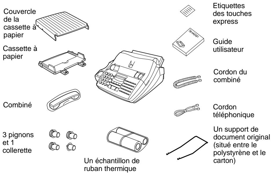 Couvercle de la cassette à papier Cassette à papier Combiné 3 pignons et 1 collerette Un échantillon de ruban thermique Etiquettes des touches express Guide utilisateur Cordon du combiné Cordon téléphonique Un support de document original (situé entre le polystyrene et le carton)
