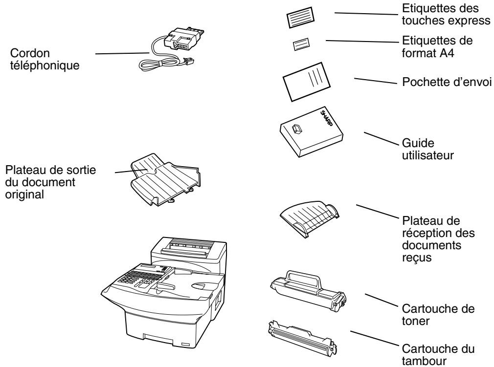 Cordon téléphonique Plateau de sortie du document original Etiquettes des touches express Etiquettes de format A4 Pochette d'envoi Guide utilisateur Plateau de réception des documents reçus Cartouche de toner Cartouche du tambour