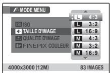 F-MODE MENU ISO TAILLE D'IMAGE QUALITE D'IMAGE FINEPIX COULEUR 4:3 L 3:2 L 16:9 M 4:3 M 3:2 M 16:9 4000x3000 (12M) 83 IMAGES