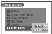 MENU LECTURE 11 EFFACE 20 REDUC, YEUX ROUGE 21 ROTATION IMAGE 22 PROTEGER 23 COPIER 24 MEMO AUDIO BACK RE-ENR.