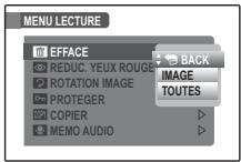 MENU LECTURE EFFAC REDUC. YEUX ROUGE ROTATION IMAGE PROTEGER COPIER MEMO AUDIO BACK IMAGE TOUTES
