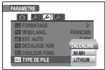 PARAMETRE FORMATAGE FRANCAUS EXT. AUTO DECALAGE HOR ALCALINE COULEUR FOND NI-MH TYPE DE PILE LITHIUM