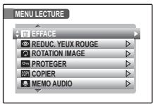 MENU LECTURE + EFFACE REDUC. YEUX ROUGE ROTATION IMAGE PROTEGER COPIER MEMO AUDIO