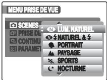 MENU PRISE DE VUE SCENES PREISE DE CONTINU PARAMET LUM. NATUREL NATUREL & PORTRAIT PAYSAGE SPORTS NOCTURNE