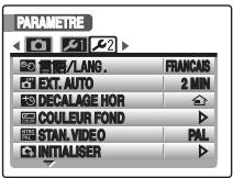 PARAMETRE 首图/LANG. FRANCAIS EXT. AUTO 2 MIN DECALAGE HOR COULEUR FOND STAN. VIDEO PAL INITIALISER