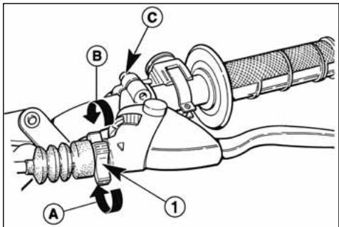 Technical diagram of a mechanical assembly with labeled parts A, B, C and directional arrows indicating motion or force.