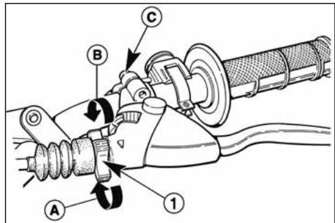 Technical diagram of a mechanical assembly with labeled parts A, B, C and directional arrows indicating motion or force.