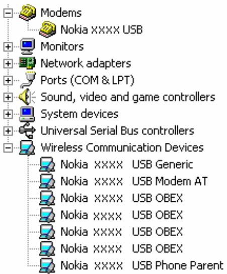 Modems Nokia XXXX USB Monitors Network adapters Ports (COM & LPT) Sound, video and game controllers System devices Universal Serial Bus controllers Wireless Communication Devices Nokia XXXX USB Generic Nokia XXXX USB Modem AT Nokia XXXX USB OBEX Nokia XXXX USB OBEX Nokia XXXX USB OBEX Nokia XXXX USB Phone Parent