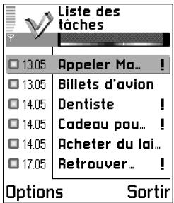 Liste des tâches 13.05 Appeler Ma... 13.05 Billets d'avion 14.05 Dentiste 14.05 Codeau pou... 14.05 Acheter du lai... 17.05 Retrouver... Options Sortir