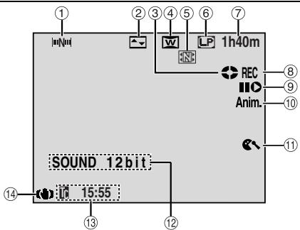 JVC GR-DV500E - Indications sur l'écran LCD et/ou le viseur durant l'enregistrement vidéo uniquement - 1