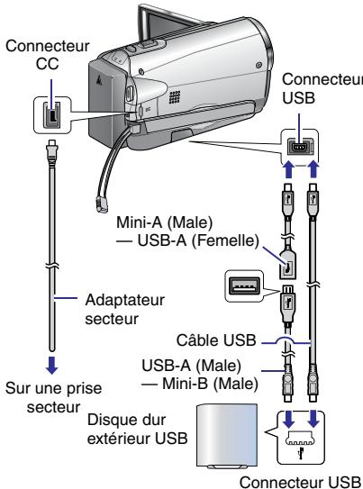 Connecteur CC Connecteur USB Mini-A (Male) — USB-A (Femelle) Adaptateur secteur Sur une prise secteur Câble USB USB-A (Male) — Mini-B (Male) Disque dur extérieur USB Connecteur USB