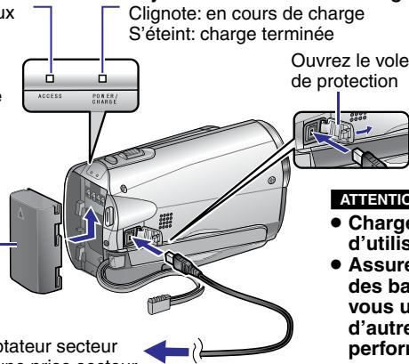 Clignote: en cours de charge S'éteint: charge terminée Ouvrez le volet de protection ATTENTION: • Charge d'utilis • Assure des ba vous u d'autre perfor tateur secteur une price secteur