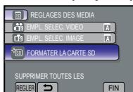 REGLAGES DES MEDIA EMPL. SELEC. VIDEO A EMPL. SELEC. IMAGE A FORMATER LA CARTE SD SUPPRIMER TOUTES LES REGLER FIN