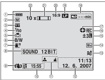 10 x 16:9 LP min: SOUND 12 BIT 15:55 12. 6. 2007 REC ±3 Wh 17 16 15 14 13 12 11:13 10 11 10 ① ② ③ ④ ⑤ ⑥ ⑦ ⑧ ⑨