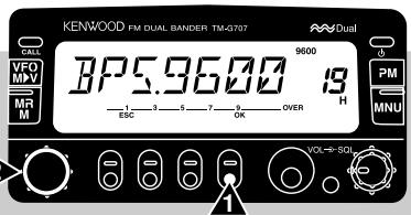 KENWOOD FM DUAL BANDER TM-G707 CALL VFD MV MR M BPS5.9600 9600 19 H ESC 1 1 7 9 OVER PM MNU VOL=50Hz 1