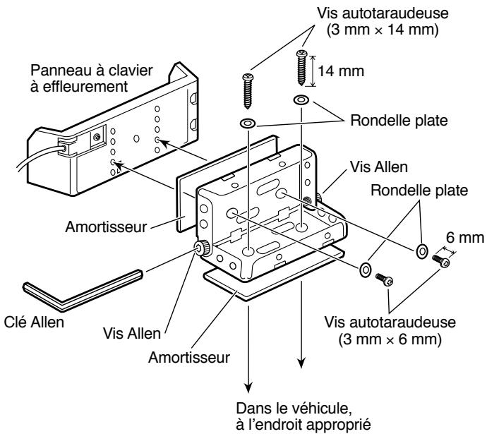 Panneau à clavier à effleurement Vis autotaraudeuse (3 mm × 14 mm) 14 mm Rondelle plate Vis Allen Rondelle plate 6 mm Amortisseur Vis Allen Amortisseur Clé Allen Vis autotaraudeuse (3 mm × 6 mm) Dans le véhicule, à l'endroit approprié