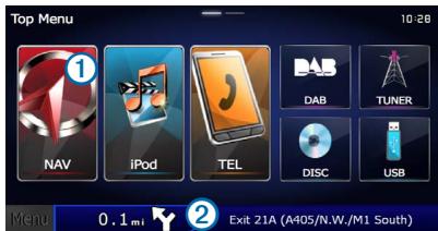 Top Menu 10:28 NAV iPod TEL DAB TUNER DISC USB Menu 0.1mi ② Exit 21A (A405/N.W./M1 South)