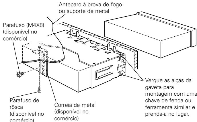Anteparo à prova de fogo ou suporte de metal Parafuso (M4X8) (disponível no comércio) Parafuso de rôsca (disponível no comércio) Correia de metal (disponível no comércio) Vergue as alças da gaveta para montagem com uma chave de fenda ou ferramenta similar e prenda-a no lugar.
