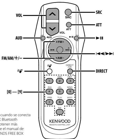 VOL SRC ATT VOL AUD FM/AM/+-/ AM- DIRECT DIRECT 1 2 3 GHI JL MNO 4 5 6 PRB TUV WXY 7 8 9 GZ KenWOOD REMOTE CONTROL UNIT [0] — [9] cuando se conecta Bluetooth tener más e el manual de NDS FREE BOX