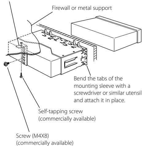 Firewall or metal support Bend the tabs of the mounting sleeve with a screwdriver or similar utensil and attach it in place. Self-tapping screw (commercially available) Screw (M4X8) (commercially available)