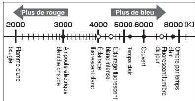 Plus de rouge Flamme d'une bougie 3000 Amplique électrique blanche chaude 4000 Edarage fluorescent blanc blanc intense 5000 Eclarage fluorescent blanc dair Temps dair Couvert Fluorescent luminaire dour 8000 [K] Ombre par temps clair Fluorescent dair Ombre par temps dair