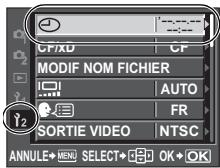 CF/XD CF MODIF NOM FICHIER AUTO FR SORTIE VIDEO NTSC ANNULE+MENU SELECT+ OK+ OK