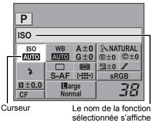 P ISO ISO WB A ± 0 ↗ NATURAL AUTO AUTO G ± 0 ⭕ ± 0 S-AF [●●●●●] RGB ± 0 ✓ ± 0.0 Large sRGB CF Normal 38 Curseur Le nom de la fonction sélectionnée s'affiche.